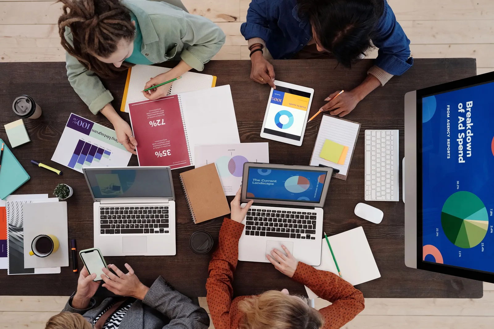 Ad spend reports spread across a meeting table